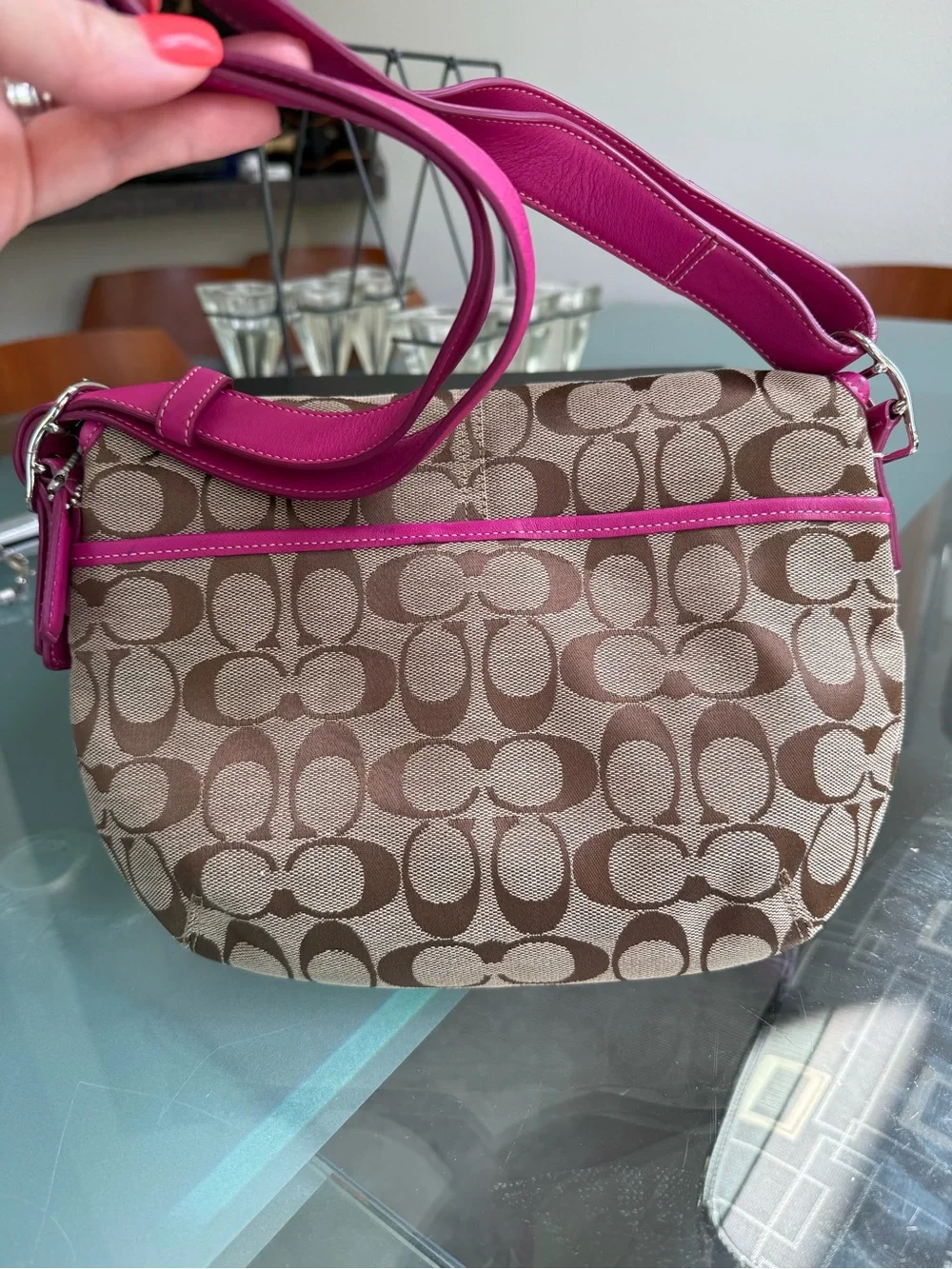 Coach Brown Signature Shoulder Bag with Pink Trim
